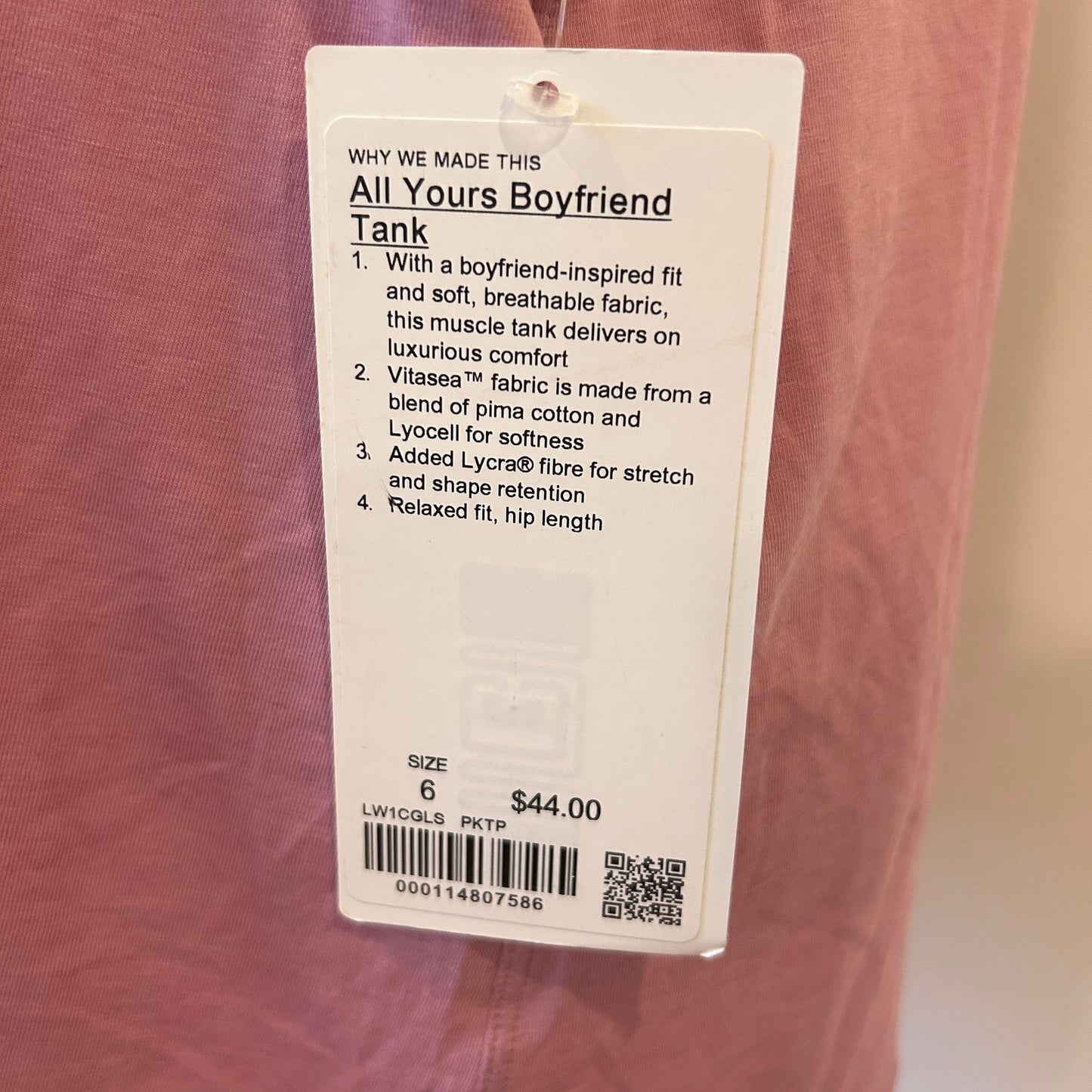 Lululemon NEW Pink All Yours Boyfriend Tank Womens Size 6 NWT