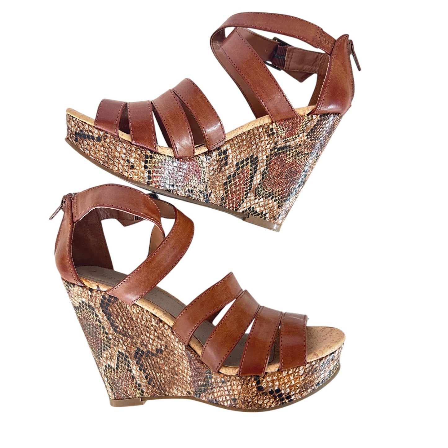 Apostrophe Brown Leather Snakeskin Wedge Ankle Strap Heels Womens Size 5.5