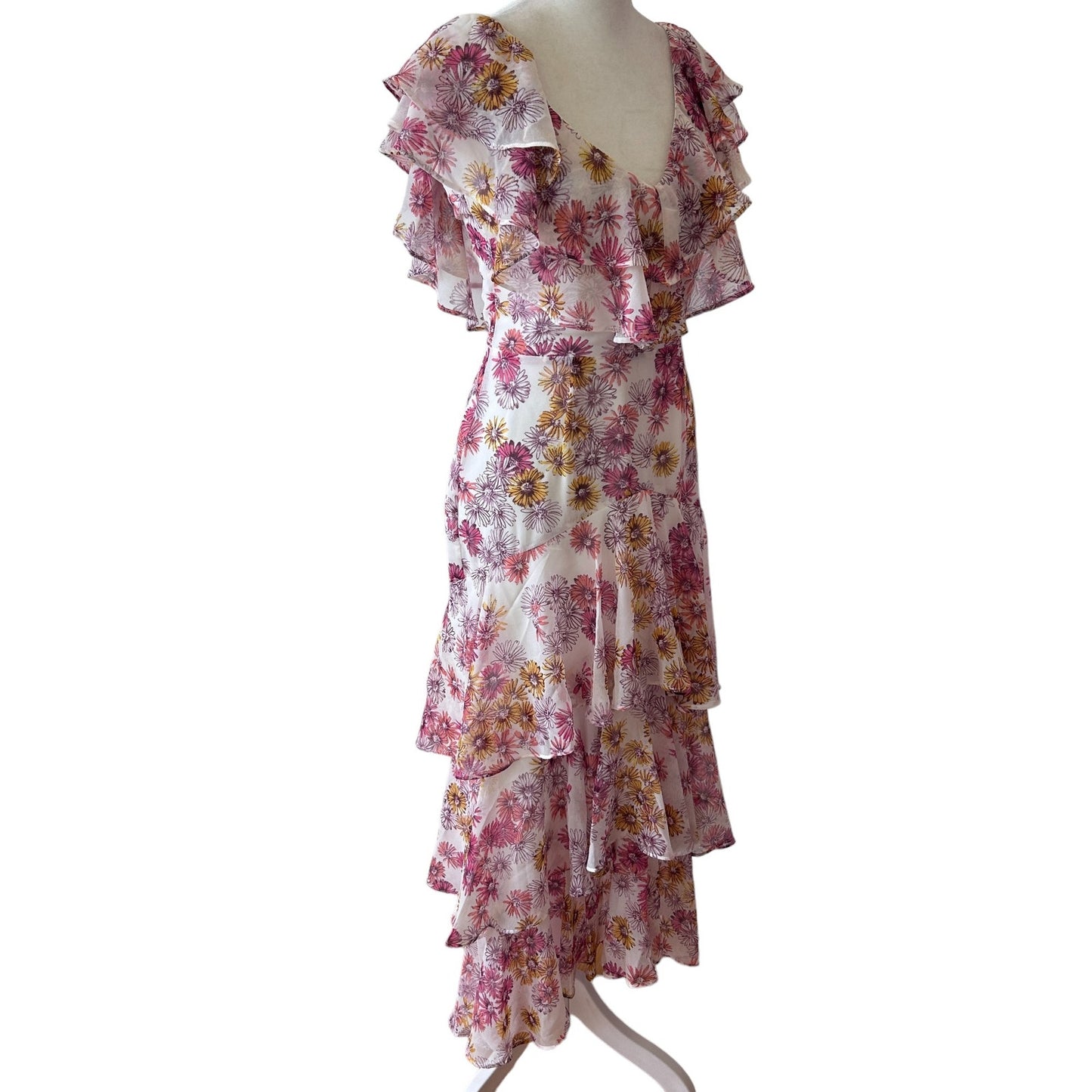 WAYF NEW Magenta Daisies Floral Ruffle Boho MaxiSleeveless Dress Womens Size XS