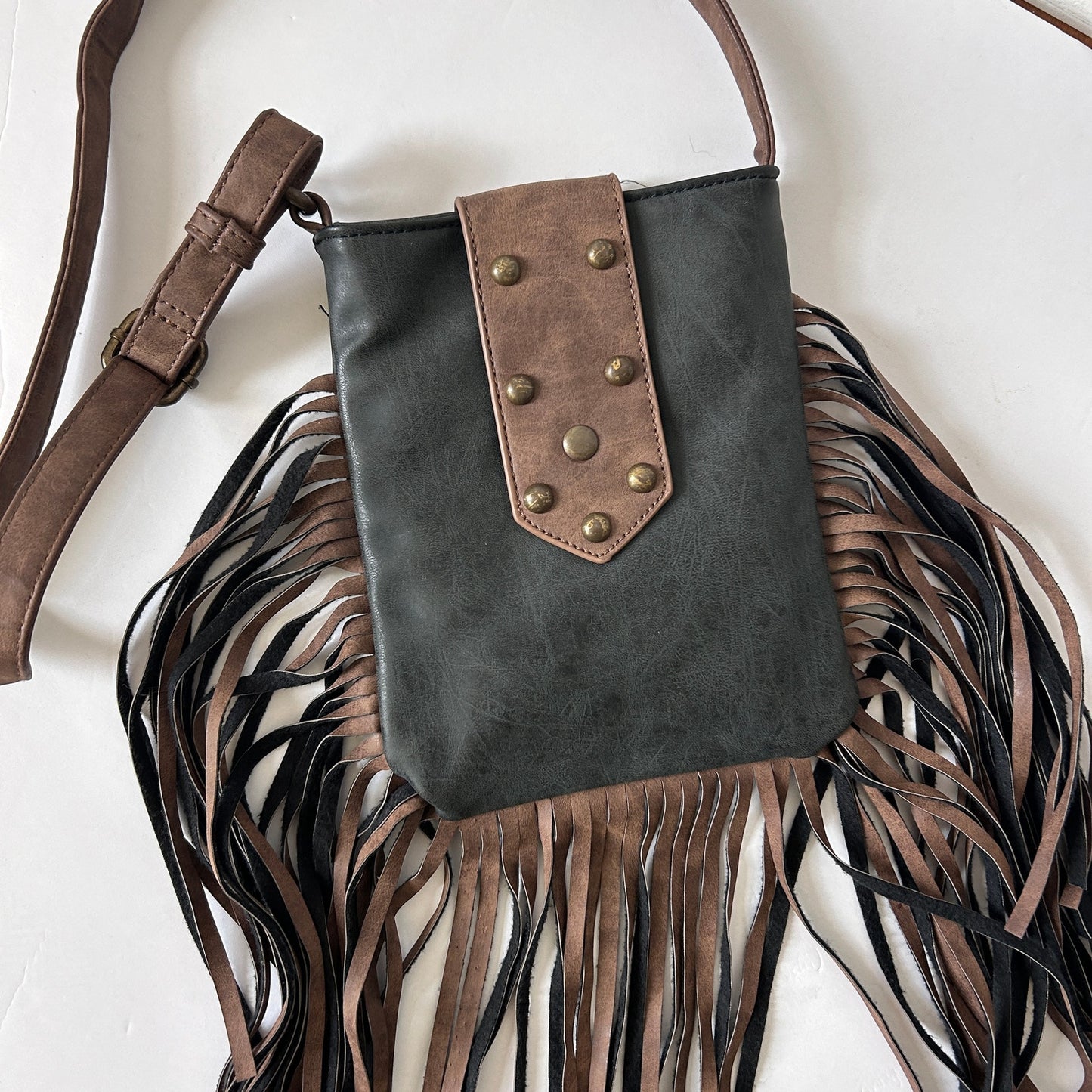 Revolution Black and Brown Crossbody Fringe Western Boho Cowboy Festival Studded