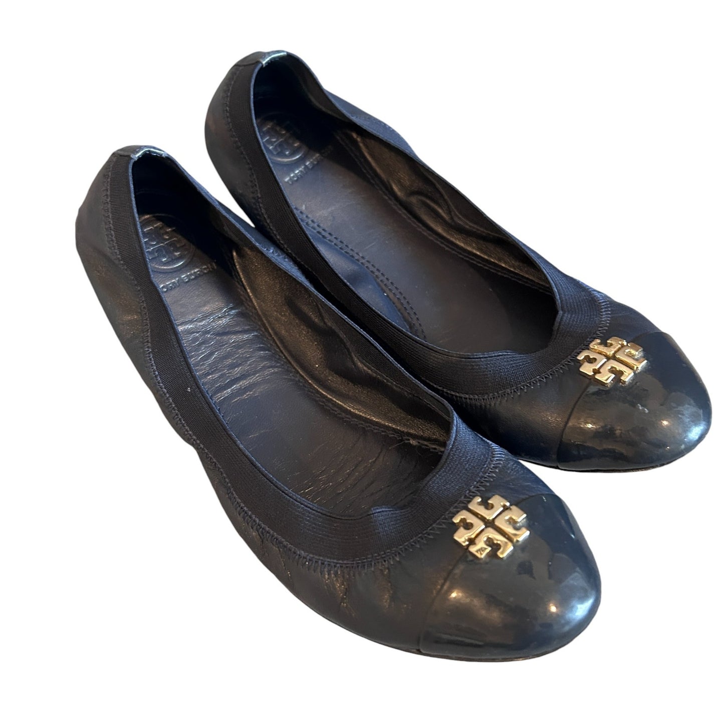 Tory Burch Jolie Ballet Flats Navy Blue Leather Cap Toe Gold Accent Size 9.5