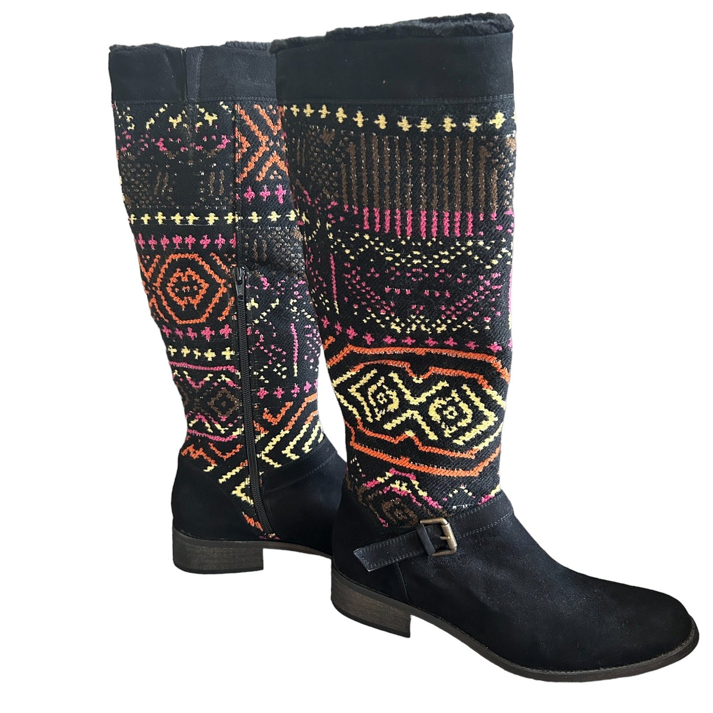 Desigual Black Suede Embroidered Tall Boots Tribal Boho Western Size 39 US 8