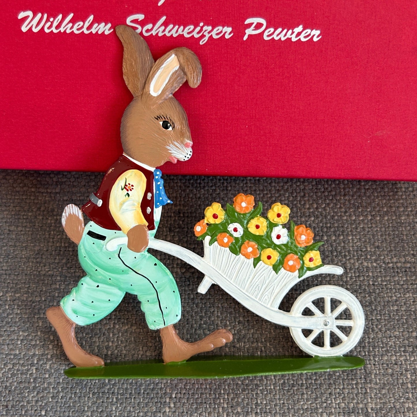 Wilhelm Schweizer Pewter Easter Bunny Pushing Cart of Flowers Figurine