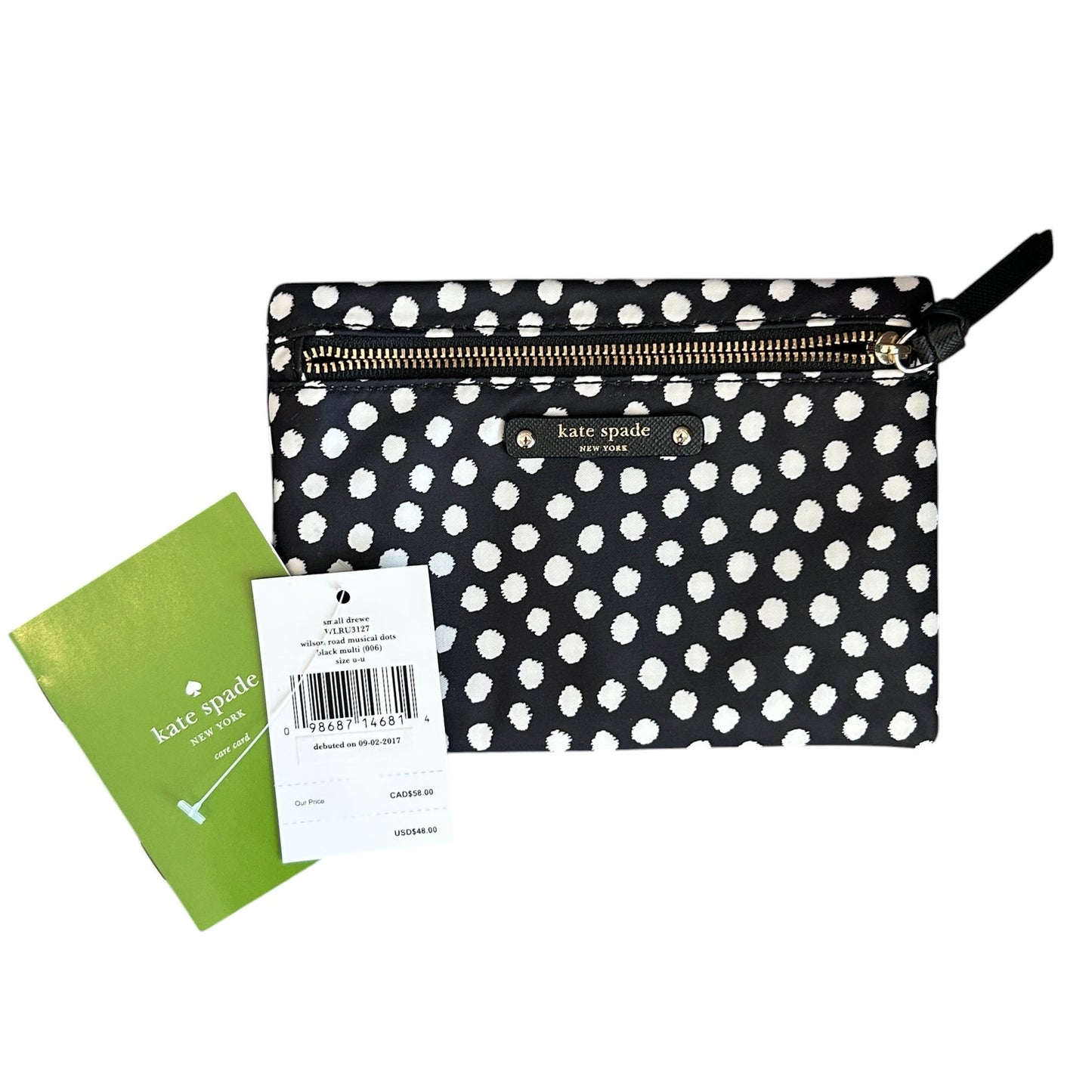 Kate Spade Small Drewe Wilson Road Musical Dots Black Multi Zip Pouch NEWa