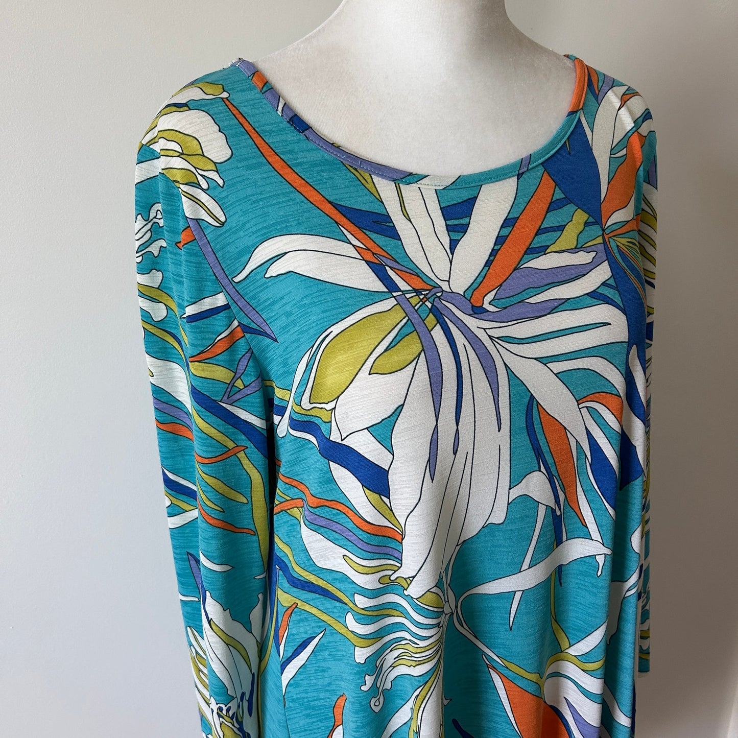 Clara Sun Woo Aqua Orange Yellow Tropical Print Knit Lagenlook Tunic Size Small