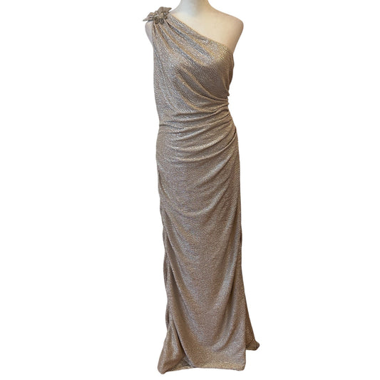 David Meister Gold Sparkly One-Shoulder Sleeveless Ruched Side Maxi Dress Size 6