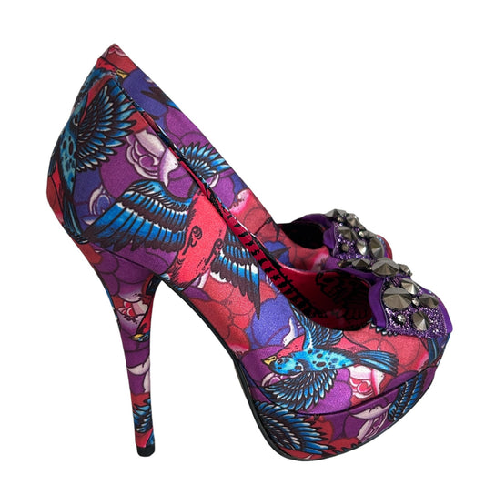 JF Purple Red Blue Floral Birds Gem Platform Stiletto Pumps Heels Womens Size 7