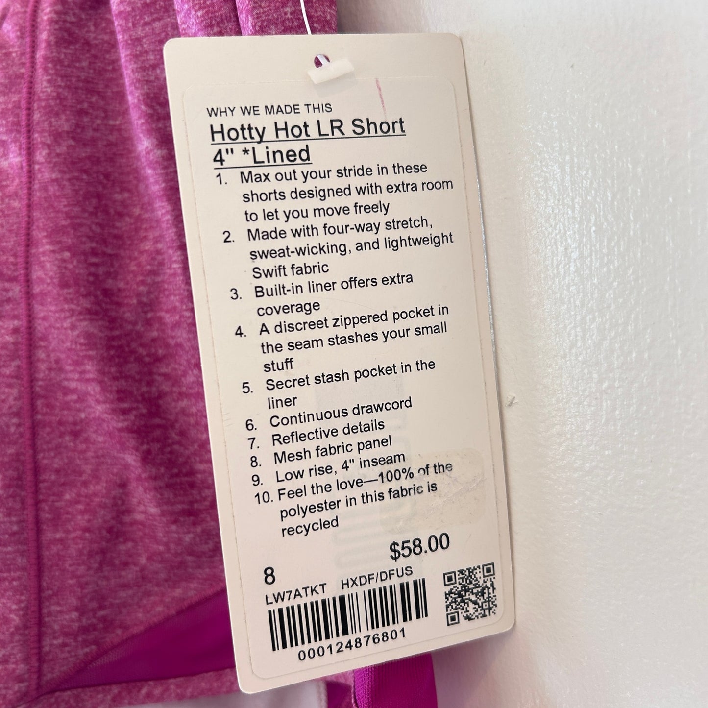 Lululemon NWT Pink Hotty Hot LR Short 4" Lined Womens Size 8 NEW