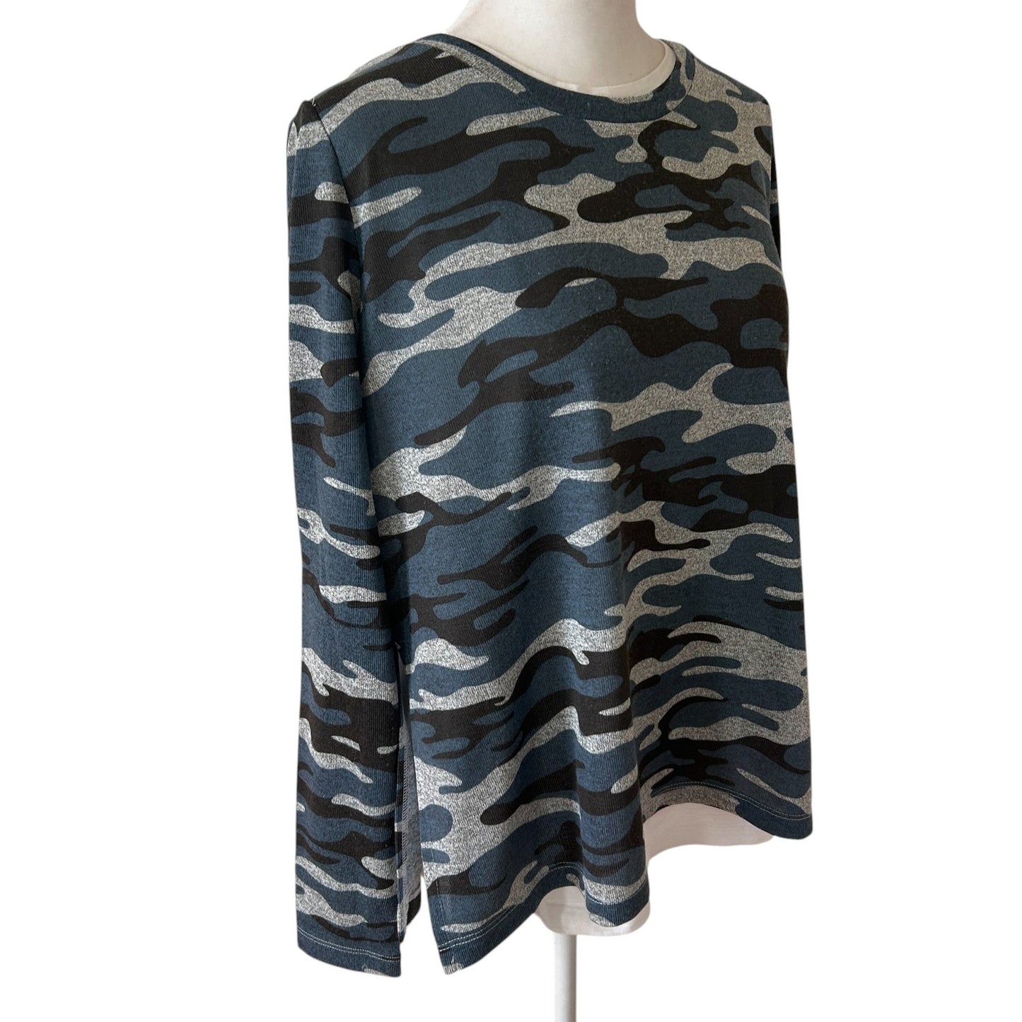 Elliott Lauren Blue Camo Long Sleeve Tunic Top 100% Cotton Womens Size Small