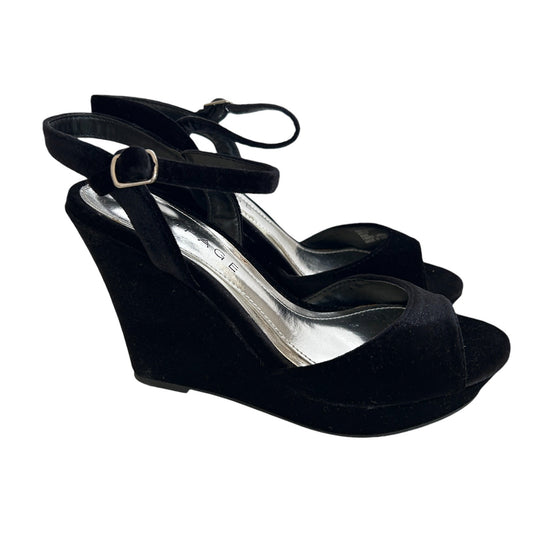 Rampage NEW Crissy Black Velvet Open Toe Ankle Strap Wedge Heels Womens Size 6.5