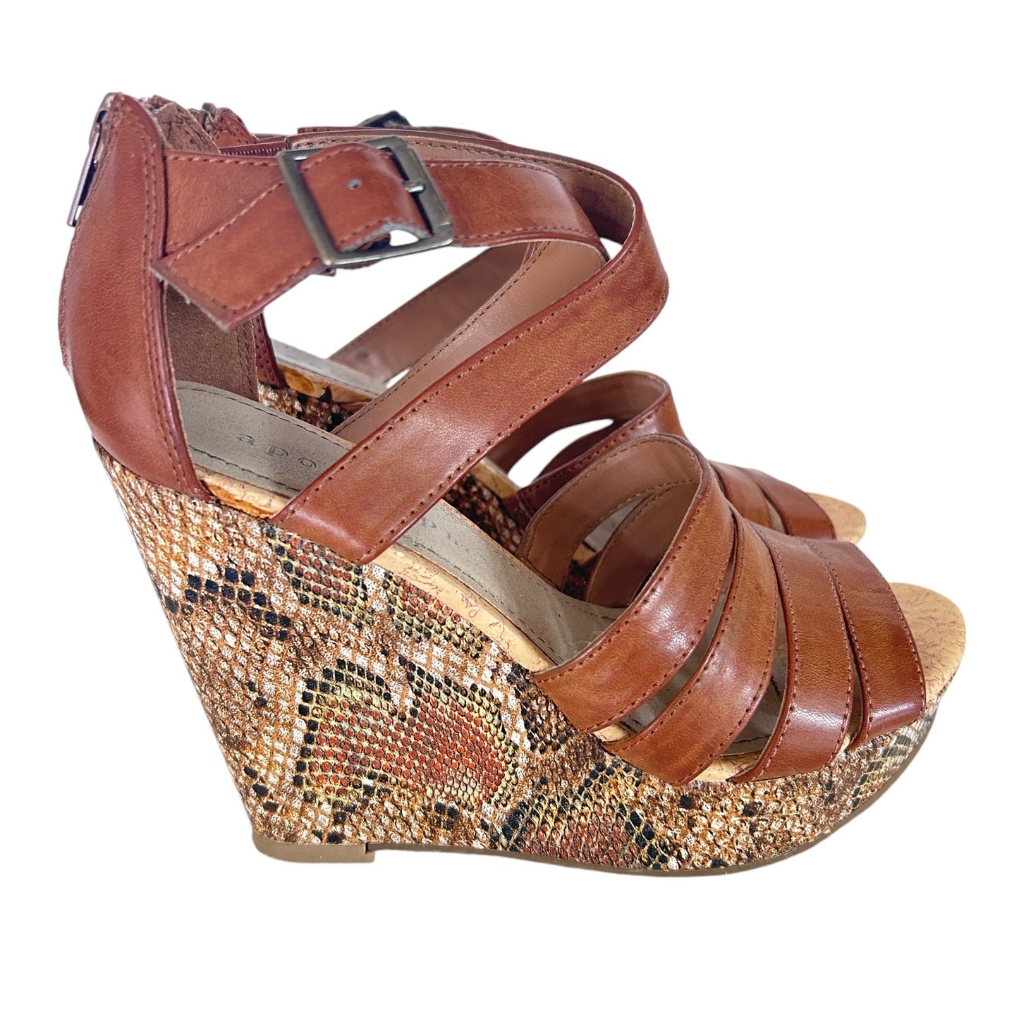 Apostrophe Brown Leather Snakeskin Wedge Ankle Strap Heels Womens Size 5.5