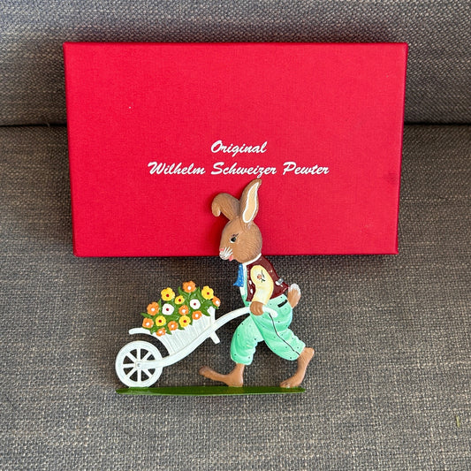 Wilhelm Schweizer Pewter Easter Bunny Pushing Cart of Flowers Figurine