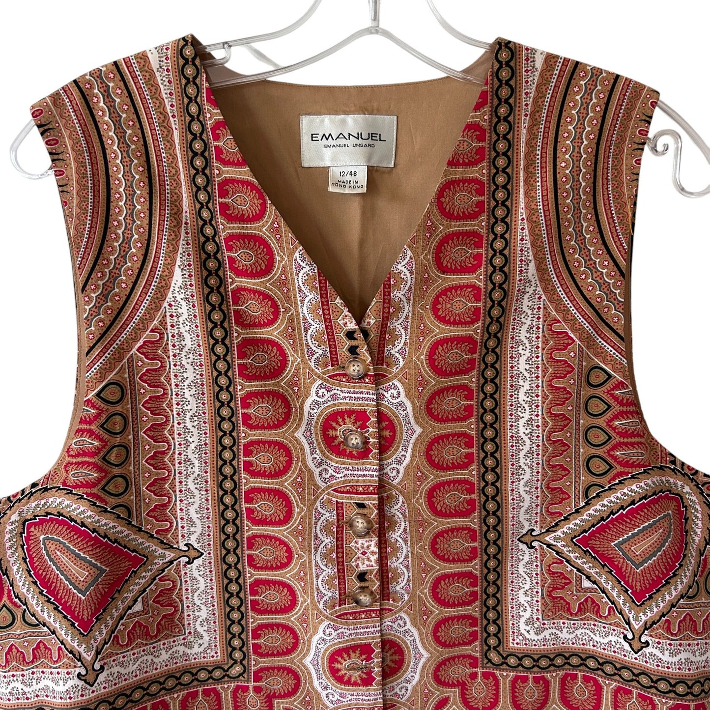 Emanuel Ungaro Vintage Silk V-Neck Vest Black Red Gold Design Womens Size 12