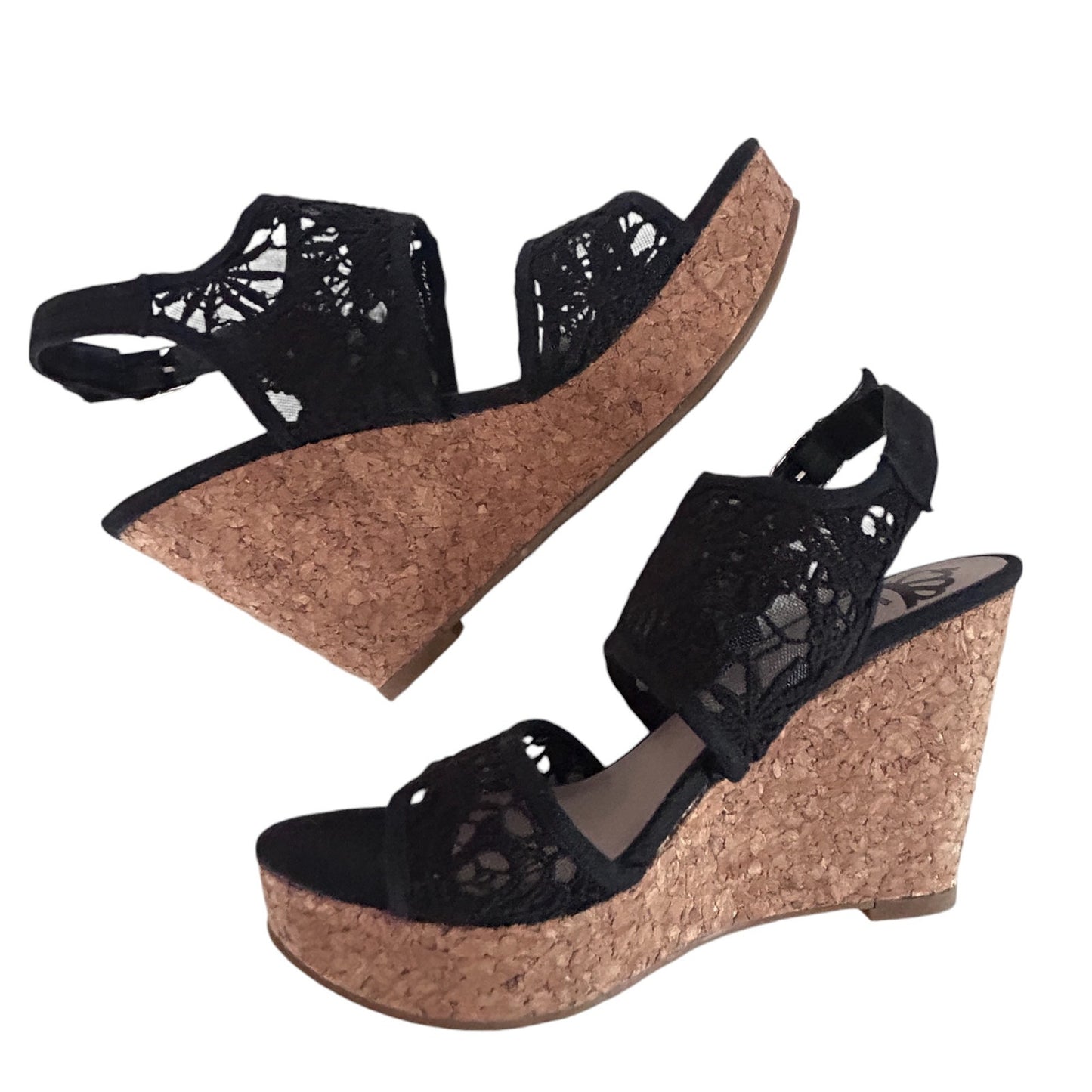 Feralicious Black Lace Cork Wedge Ankle Strap Sandal Heels Womens Size 7