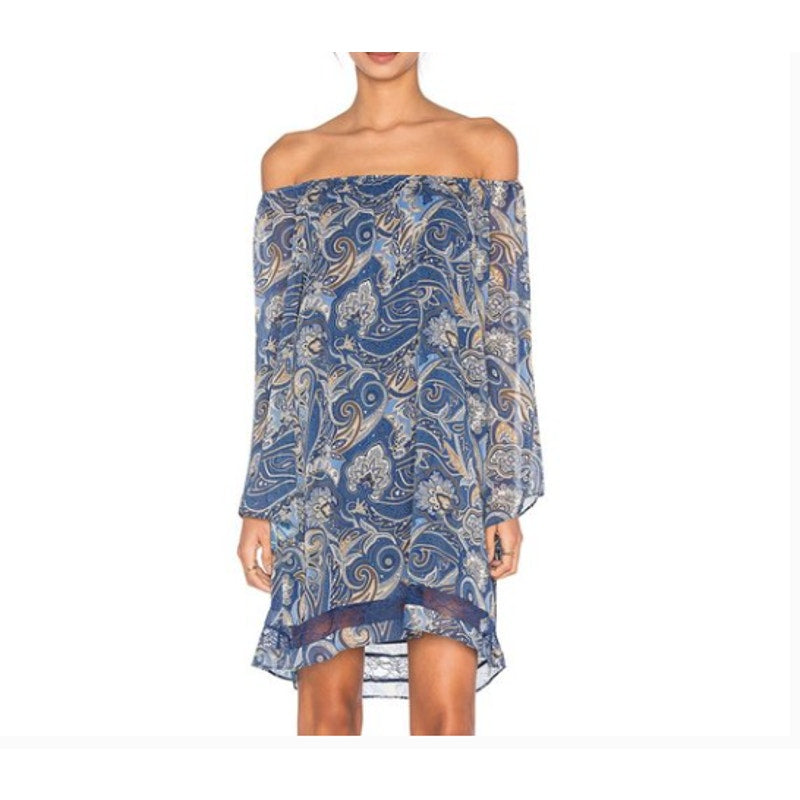 Alice + Olivia Cari Off Shoulder Blue Mosaic Paisley Dress Womens Size Large