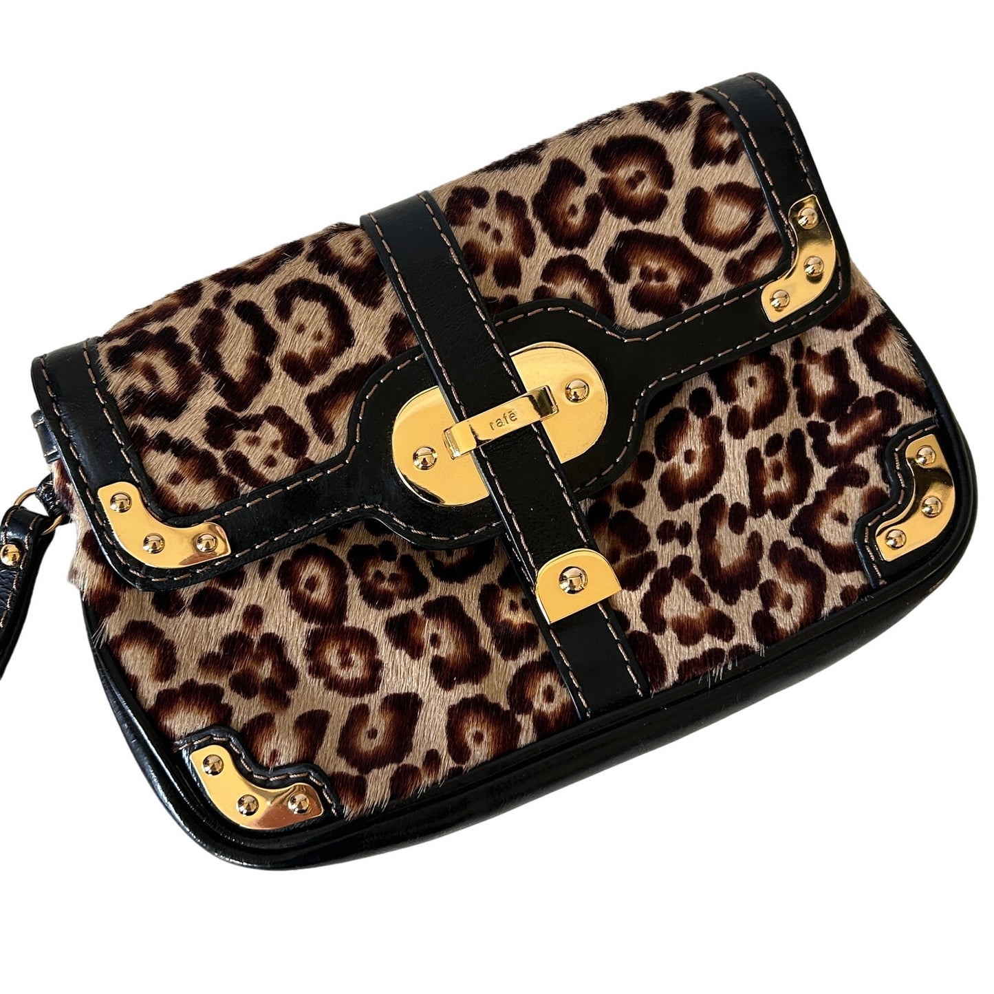 Rafe New York Leopard Print Black Tan Calf Hair Leather Clutch Wristlet