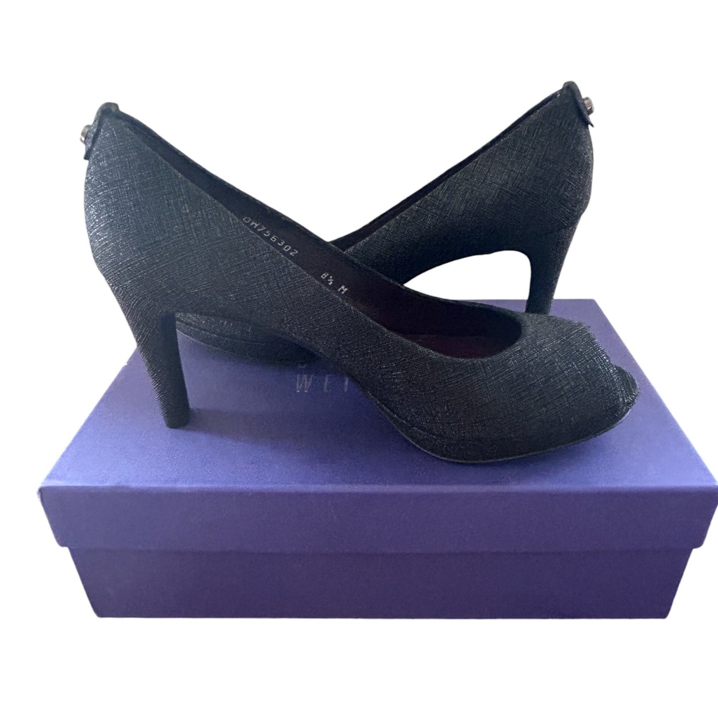 Stuart Weitzman Logo Plainfield Black Peep Toe Heels Womens Size 8.5 NEW