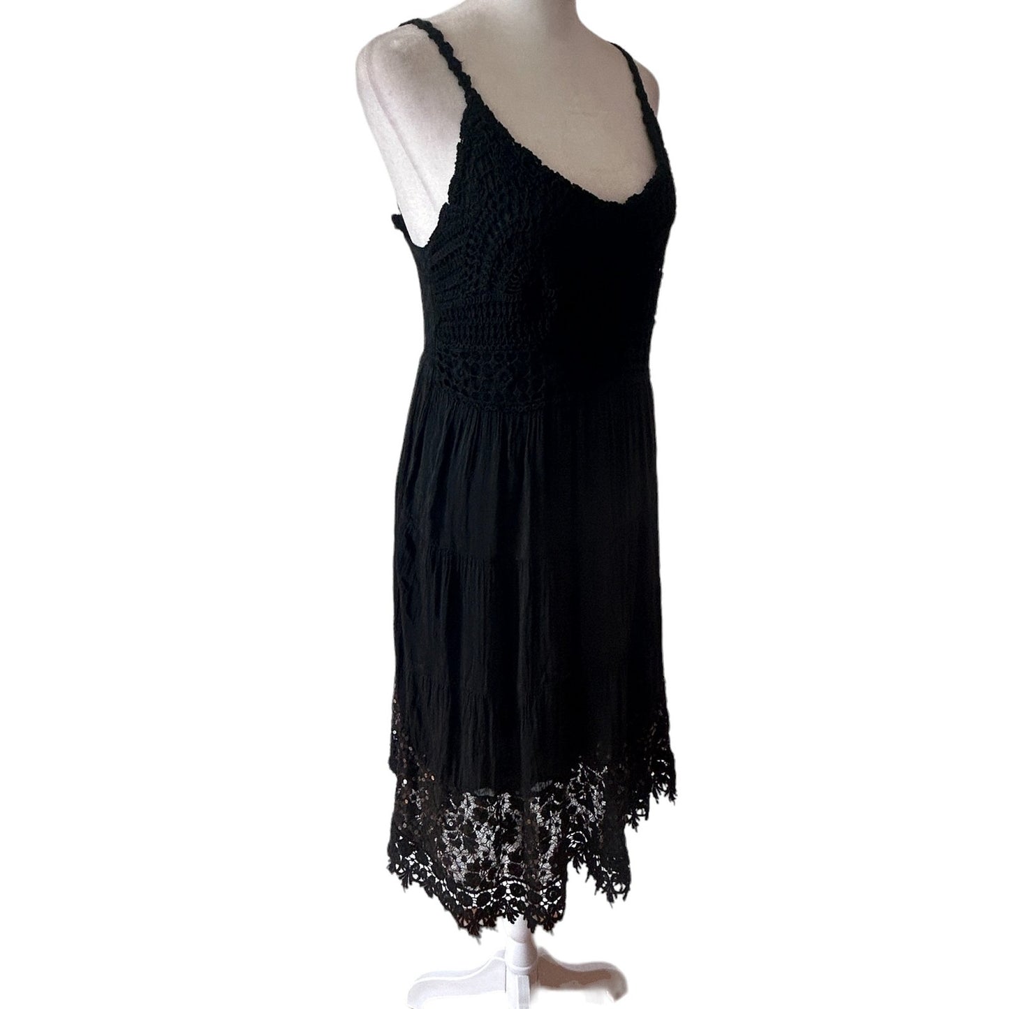 Scandal Italy NWT Belle Dress Black Crochet Lace Sequins Boho Sundress One Size