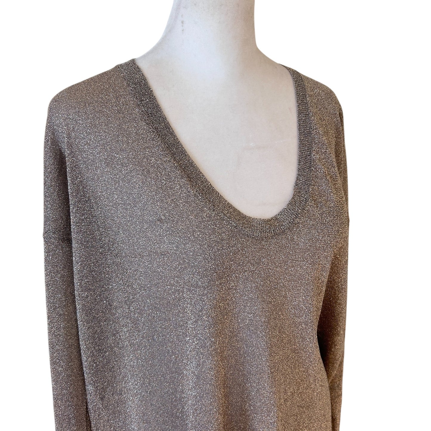 Vince Taupe Gold Sparkly Long Sleeve V-Neck Sheer Knit Sweater Womens Size Large