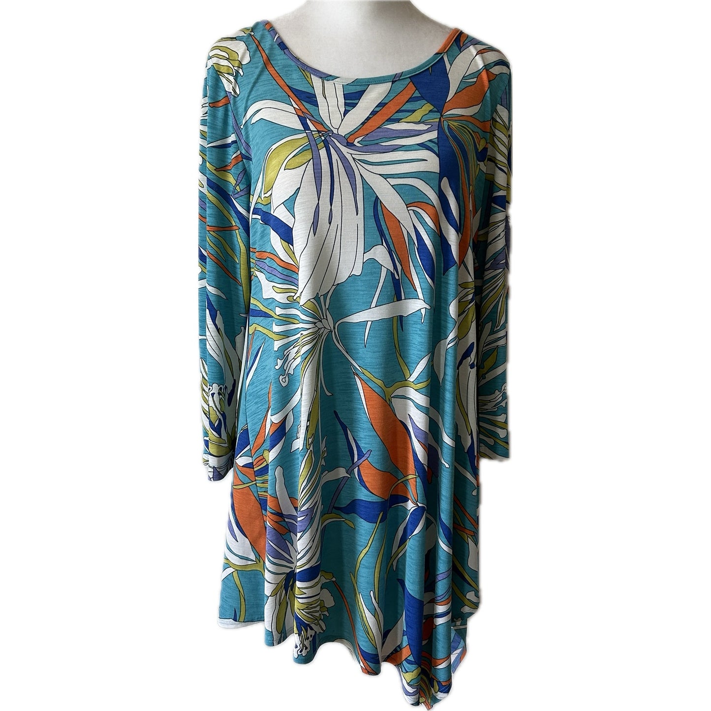 Clara Sun Woo Aqua Orange Yellow Tropical Print Knit Lagenlook Tunic Size Small