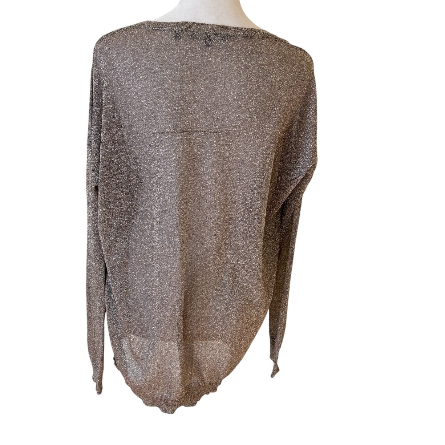 Vince Taupe Gold Sparkly Long Sleeve V-Neck Sheer Knit Sweater Womens Size Large