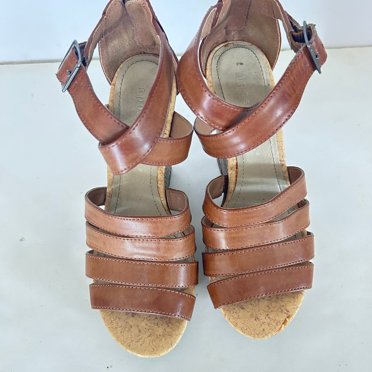 Apostrophe Brown Leather Snakeskin Wedge Ankle Strap Heels Womens Size 5.5