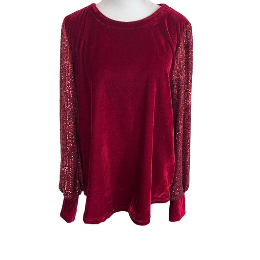 Mystree Burgundy Velvet and Sequin Tunic Pullover Top Womens Size Large