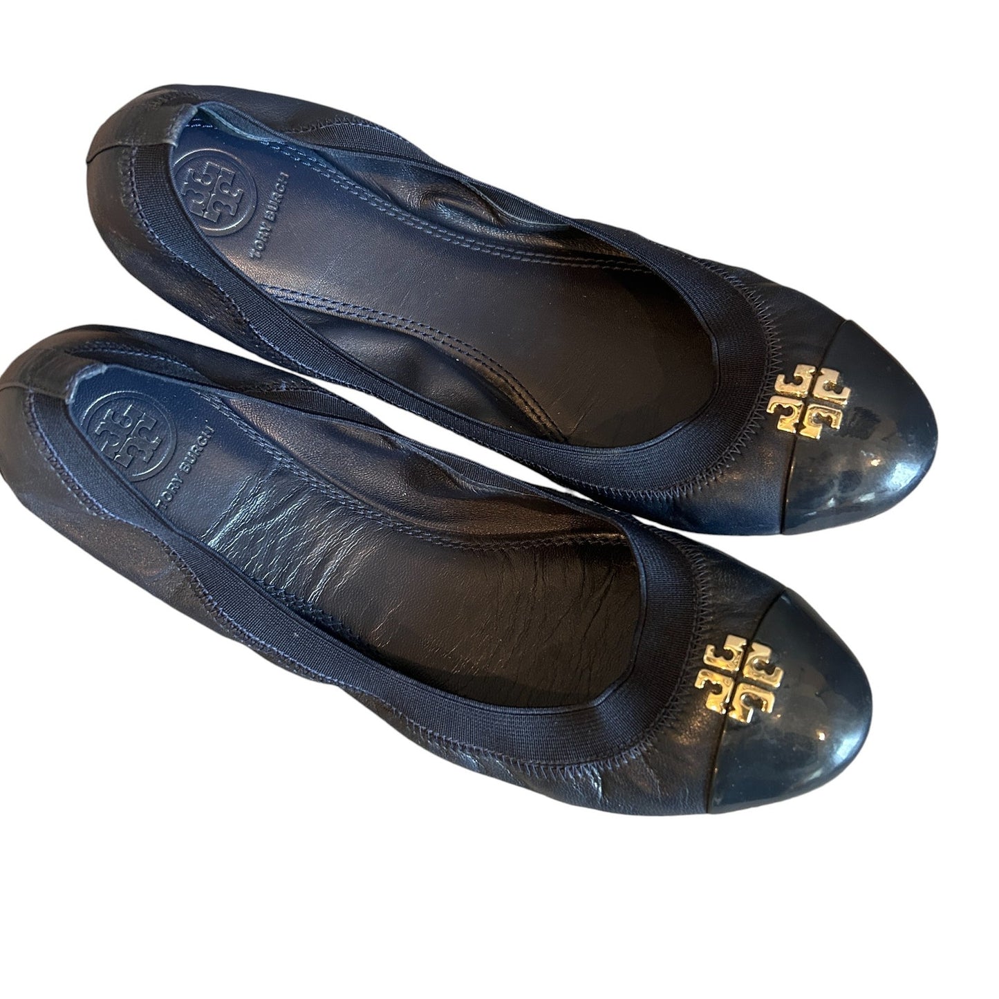 Tory Burch Jolie Ballet Flats Navy Blue Leather Cap Toe Gold Accent Size 9.5