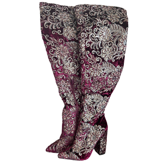 Burgundy Velvet Sequin Floral Over The Knee Thigh High Heel Boot Size 6.5