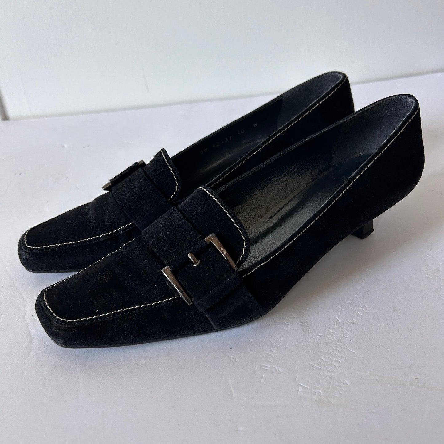 Stuart Weitzman Black Suede Square Toe Kitten Heel Loafers Minister Size 10