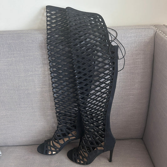 Vince Camuto Black Keliana Leather Over The Knee Caged Peep Toe Heel Boot Size 6