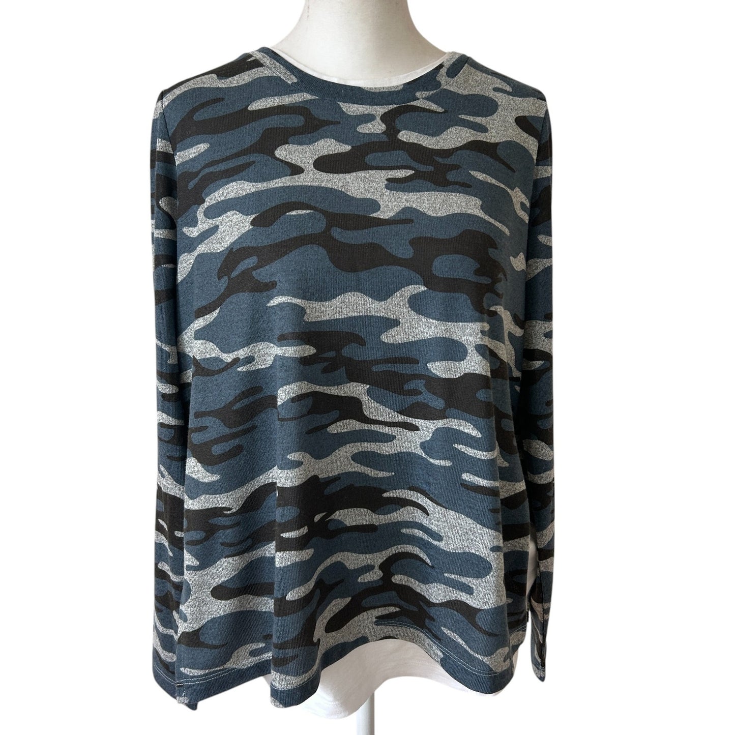 Elliott Lauren Blue Camo Long Sleeve Tunic Top 100% Cotton Womens Size Small