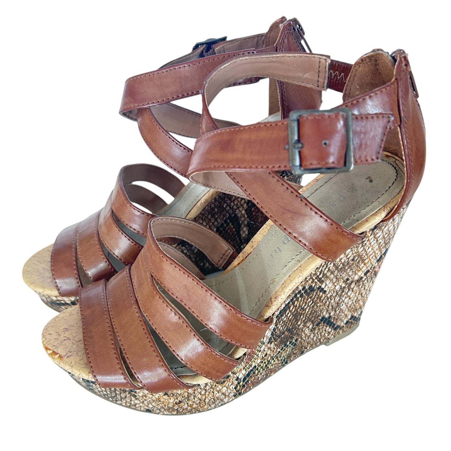 Apostrophe Brown Leather Snakeskin Wedge Ankle Strap Heels Womens Size 5.5