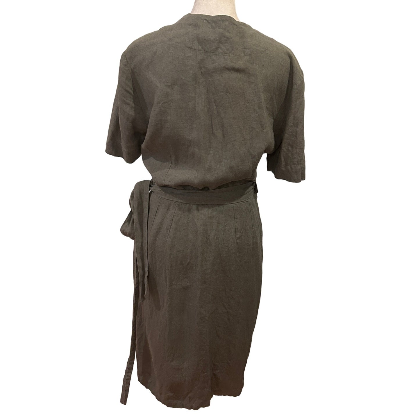 Love and Confuse Olive Green V-Neck Linen Wrap Dress Size Small Classic Minimal