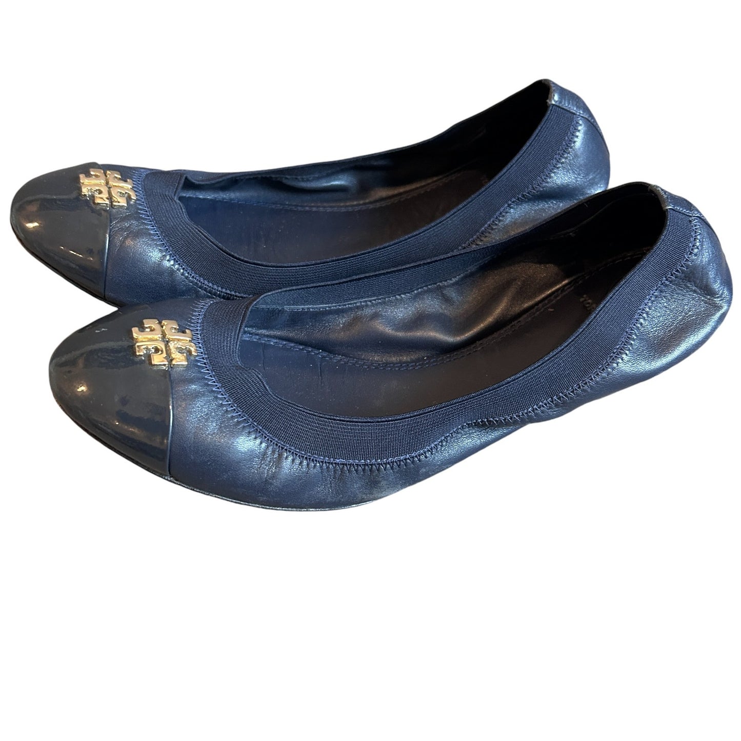 Tory Burch Jolie Ballet Flats Navy Blue Leather Cap Toe Gold Accent Size 9.5