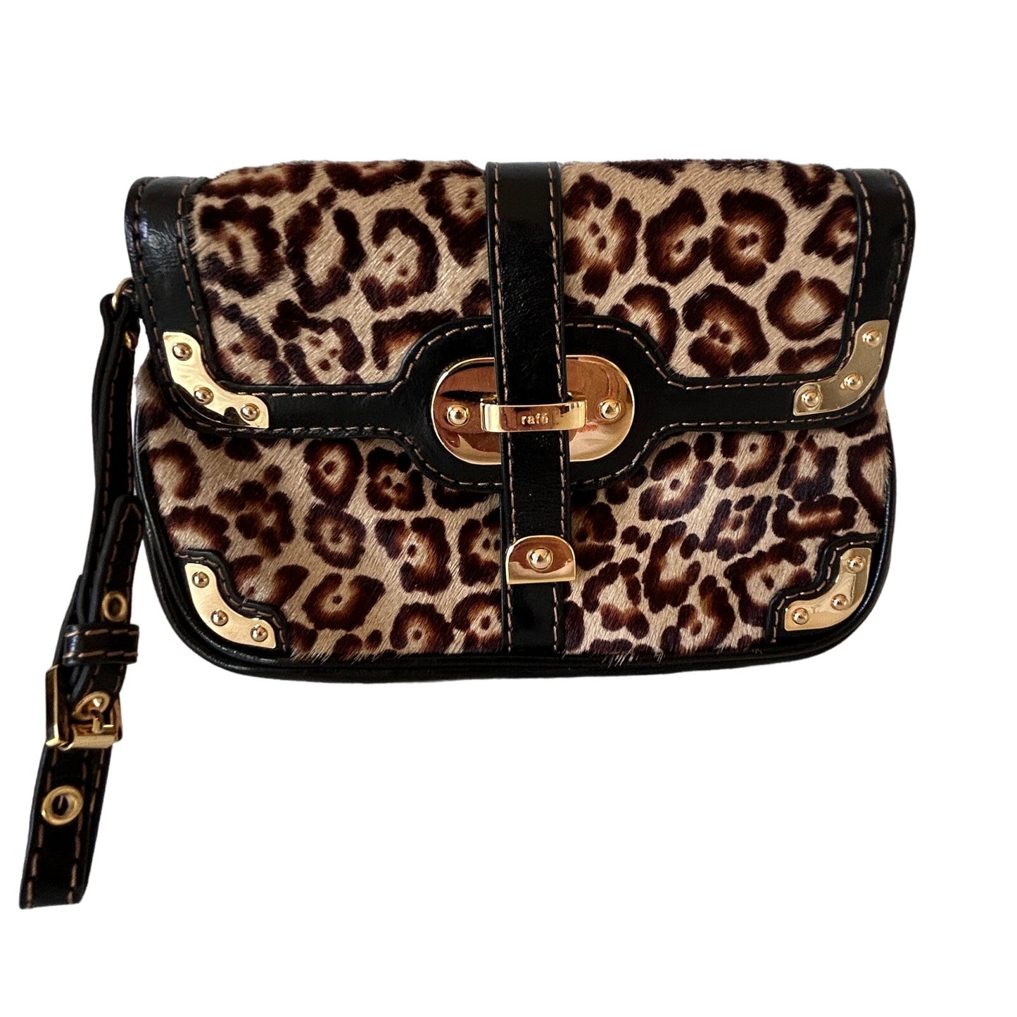 Rafe New York Leopard Print Black Tan Calf Hair Leather Clutch Wristlet