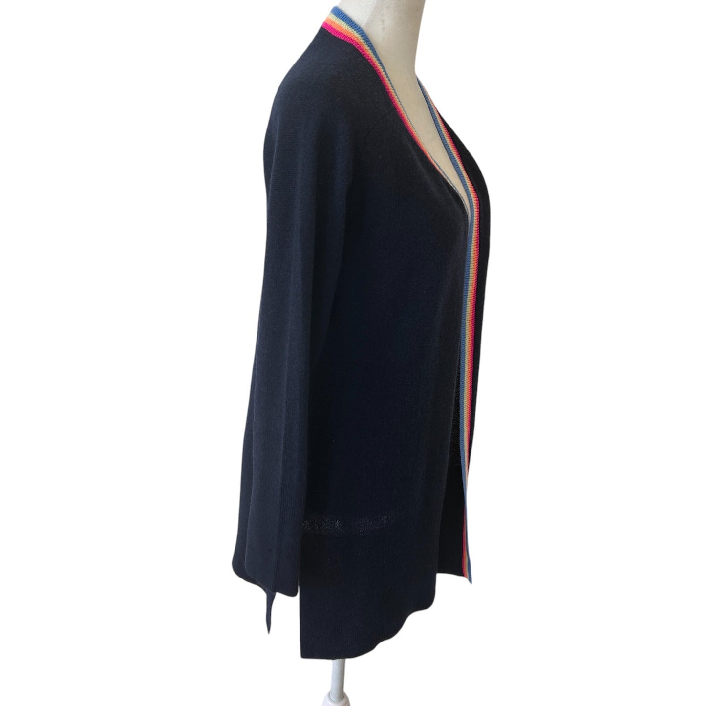 Hannah Rose NWT Navy Blue Rainbow Trim Cashmere Cardigan Womens Size Small NEW