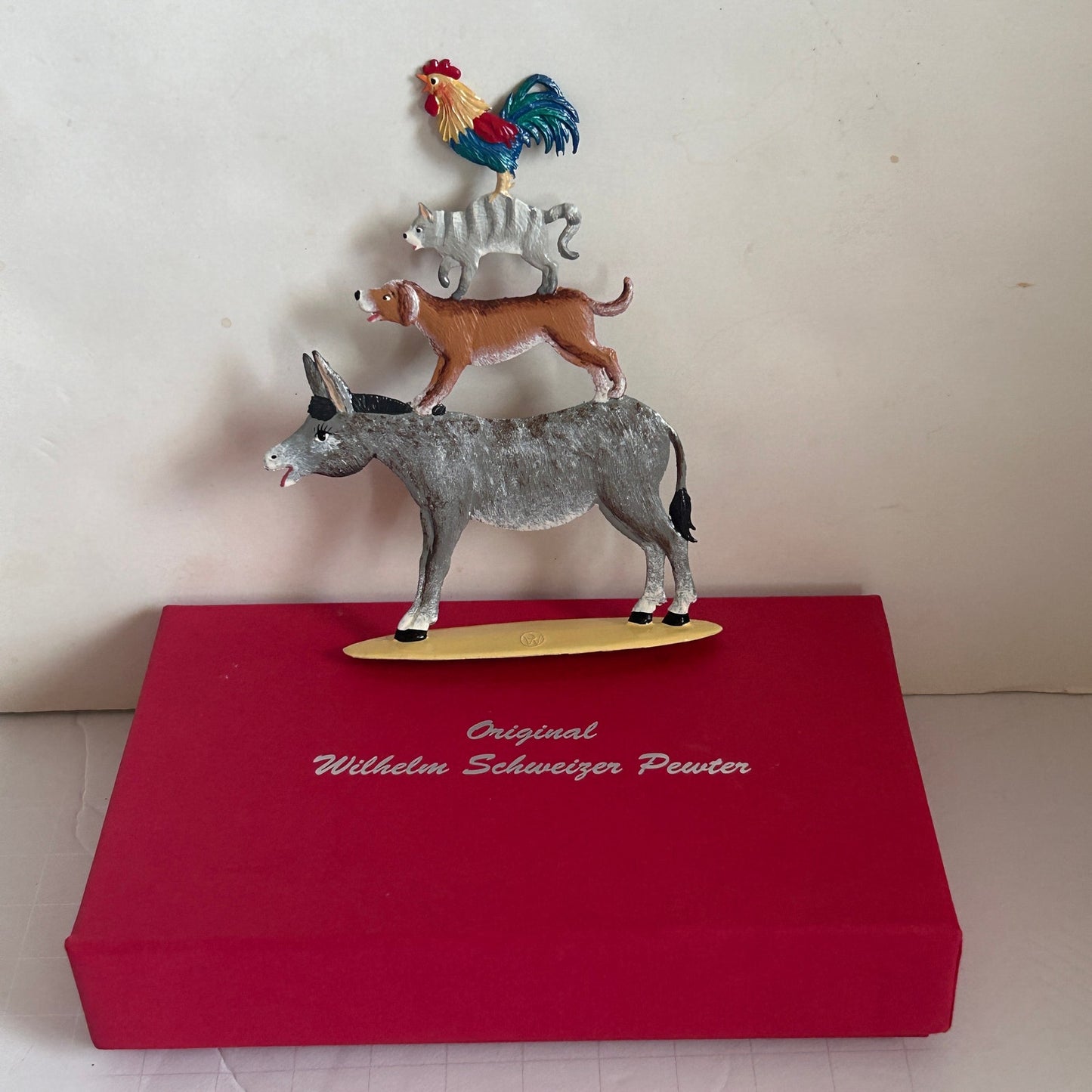 Wilhelm Schweizer Pewter Art Stacked Donkey, Dog, Cat, Rooster Figurine In Box