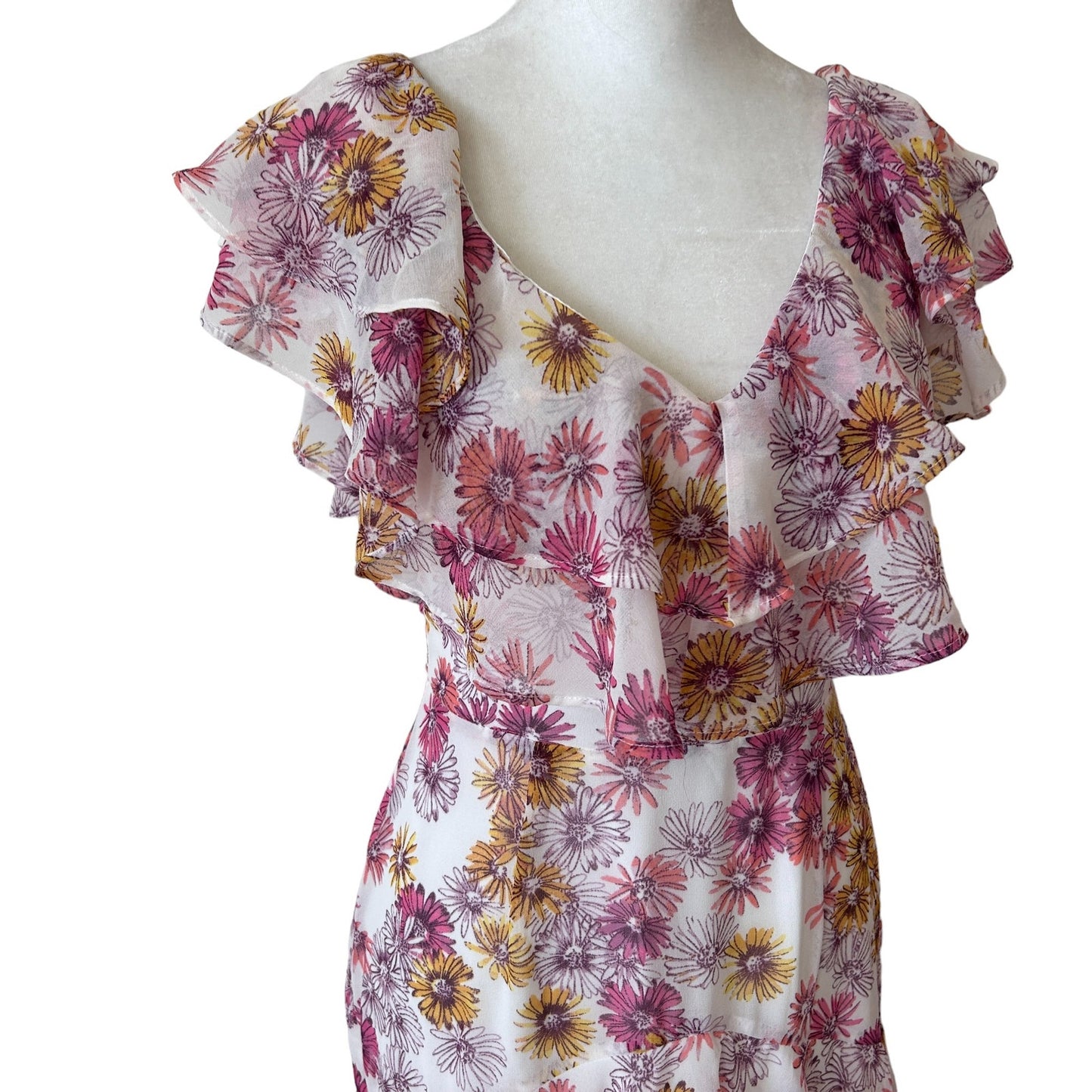 WAYF NEW Magenta Daisies Floral Ruffle Boho MaxiSleeveless Dress Womens Size XS