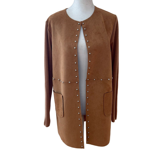 Sioni Caramel Brown Faux Suede and Knit Open Cardigan Womens Size Small NEW