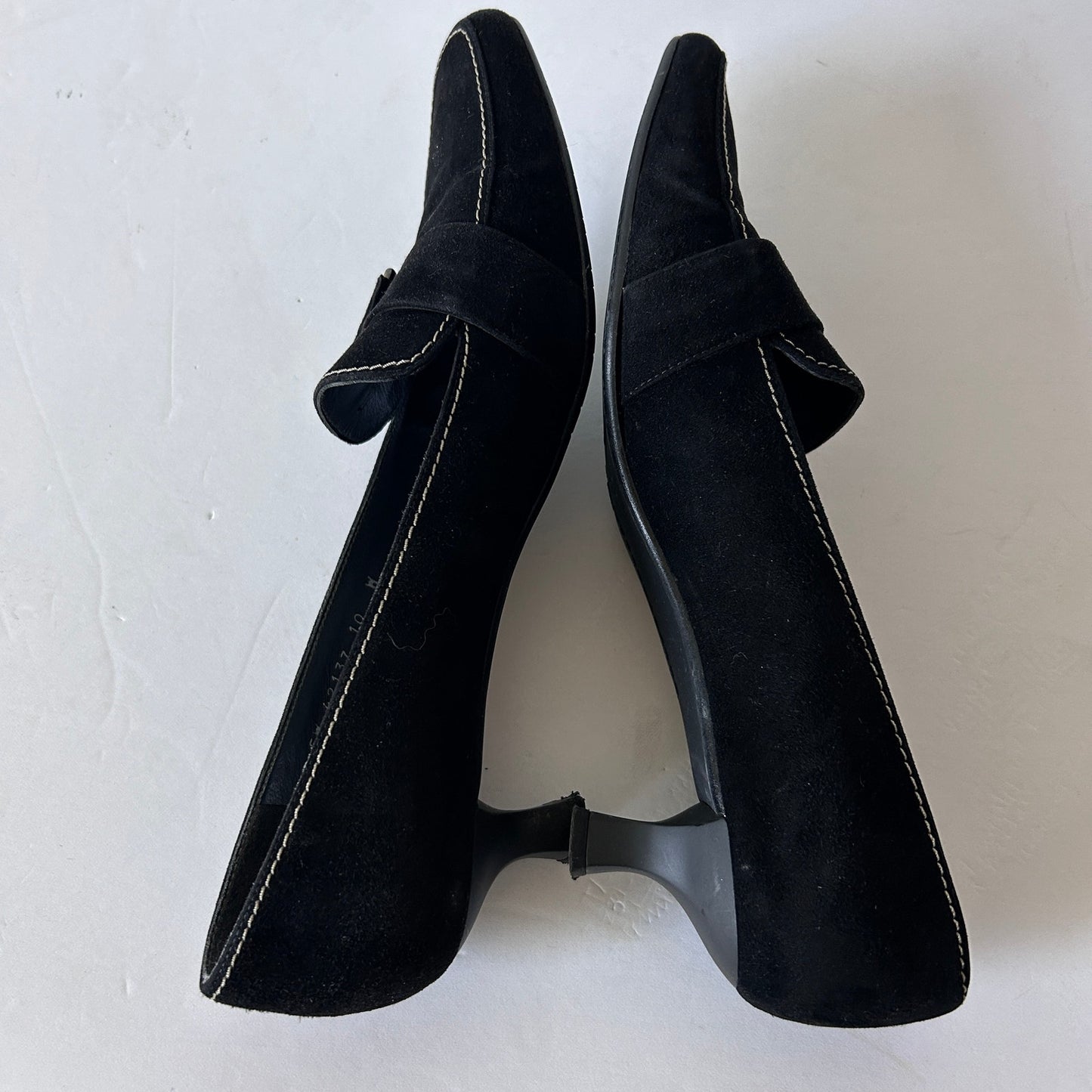 Stuart Weitzman Black Suede Square Toe Kitten Heel Loafers Minister Size 10