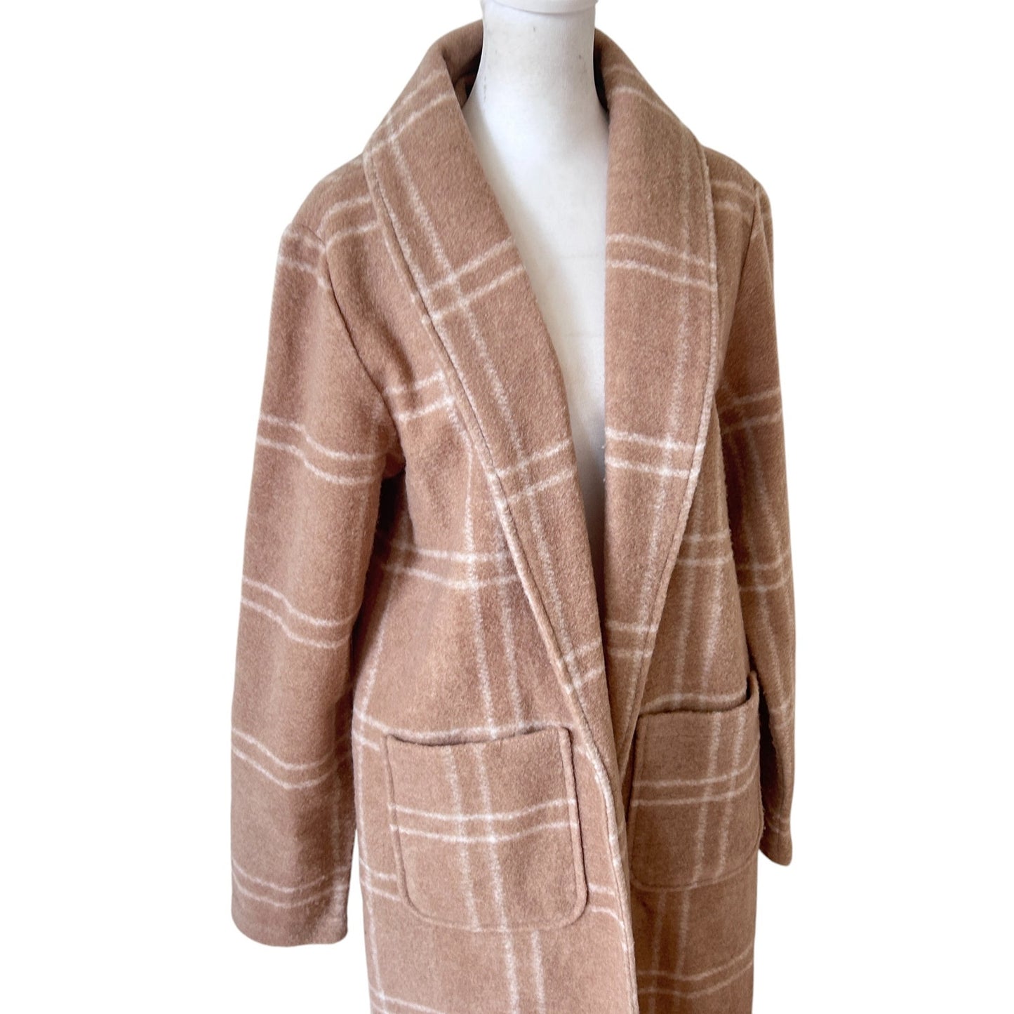 Rachel Zoe Camel Brown and White Plaid Wool Blend Coat Womens Size Large