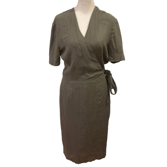 Love and Confuse Olive Green V-Neck Linen Wrap Dress Size Small Classic Minimal