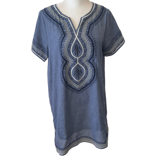 THML Blue Chambray Embroidered V-Neck Boho Mini Shift Dress Womens Size Small