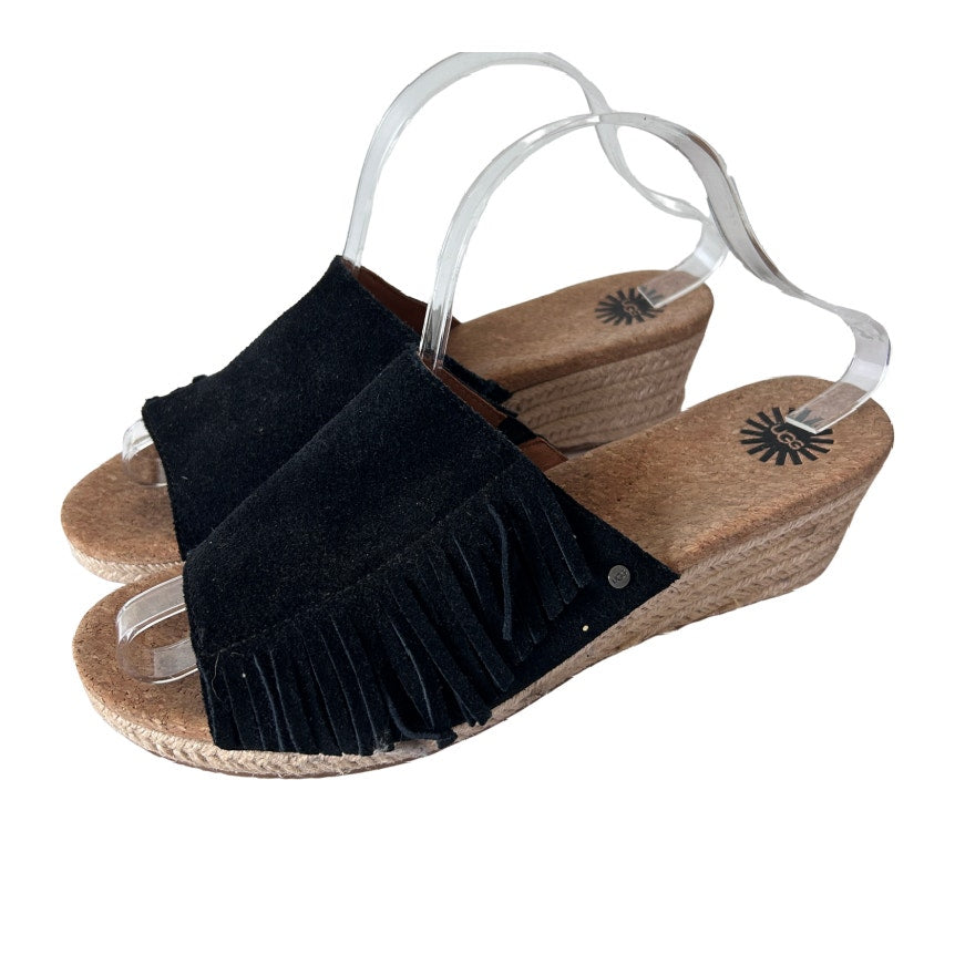 Ugg Womens Dane Wedge Heel Espadrille Black Suede Fringe Sandals Womens Size 10