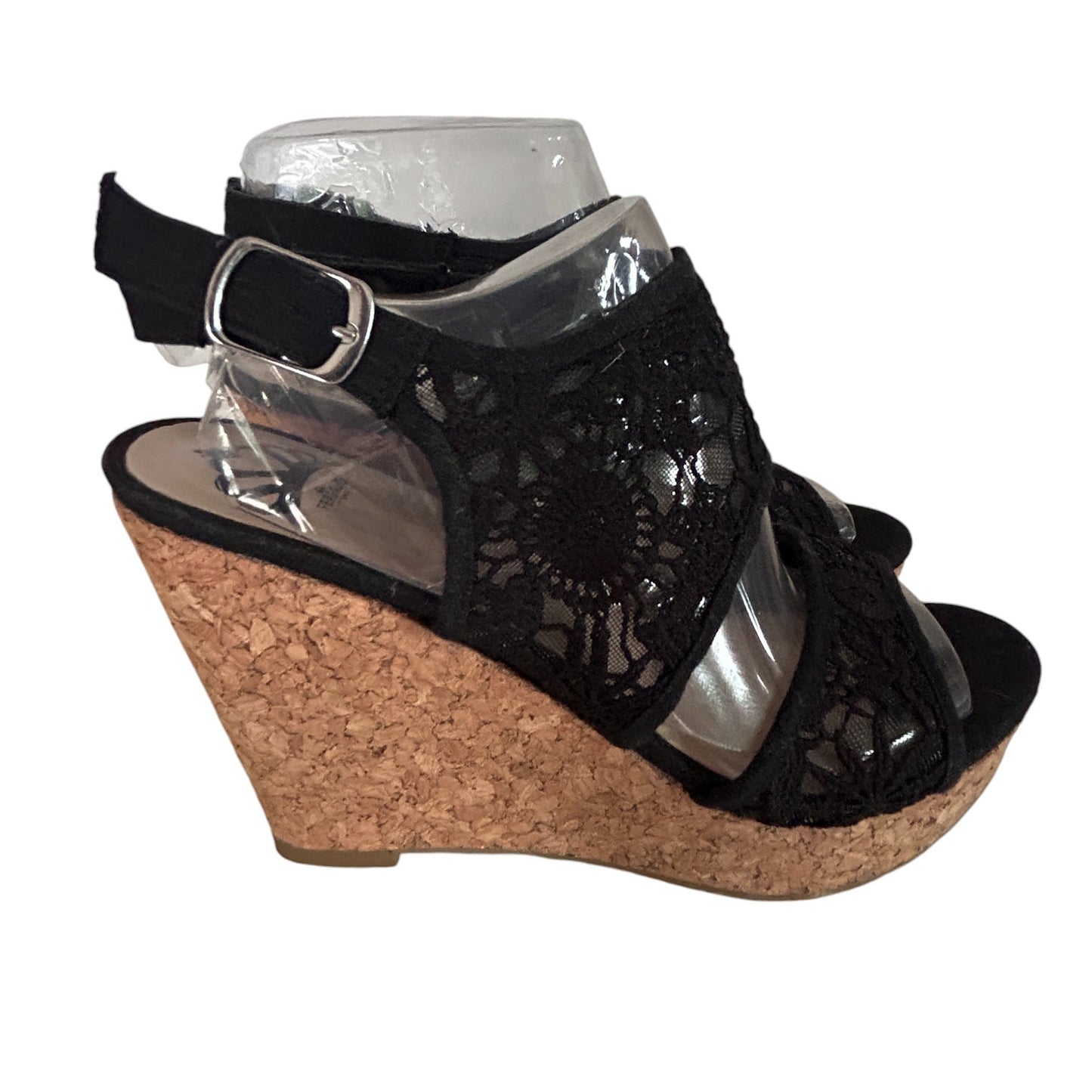 Feralicious Black Lace Cork Wedge Ankle Strap Sandal Heels Womens Size 7