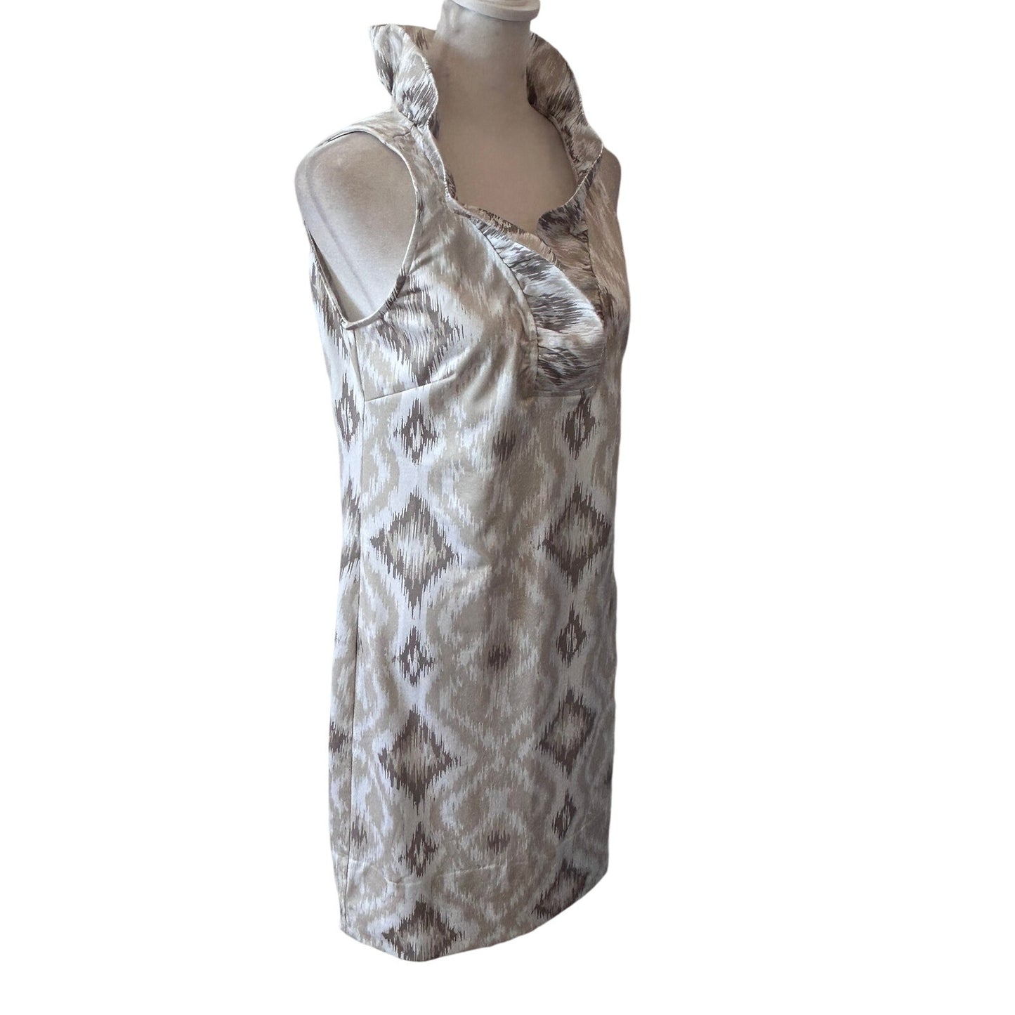 Gretchen Scott Tan and Ivory Ikat Ruffle Neck Sleeveless Stretch Dress Size XS