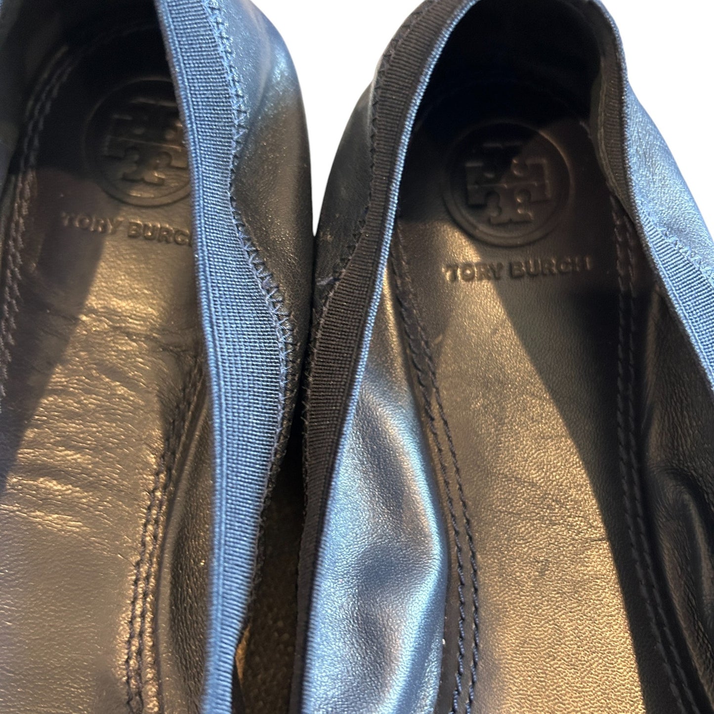 Tory Burch Jolie Ballet Flats Navy Blue Leather Cap Toe Gold Accent Size 9.5