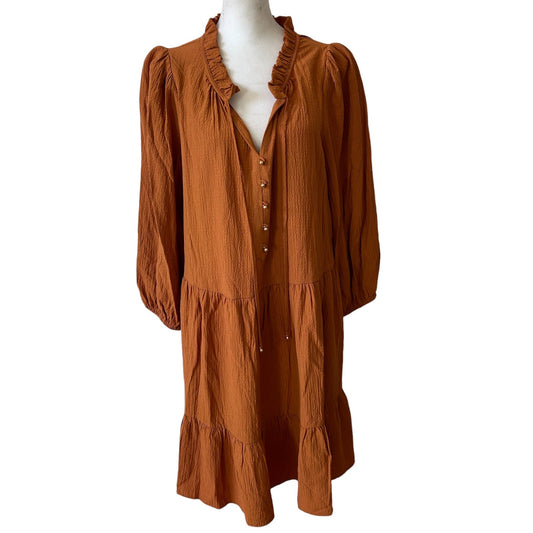 Calvin Klein NWT Brown Crinkly Ruffled Balloon Long Sleeve Dress Womens Size 14