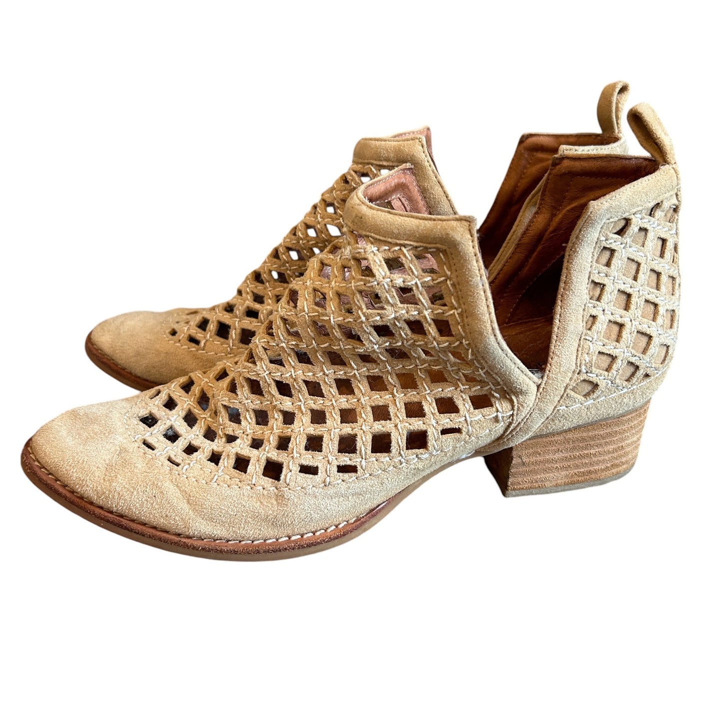 Jeffrey Campbell Taggart Tan Suede Lattice Cutout Ankle Bootiie Boot Size 9.5